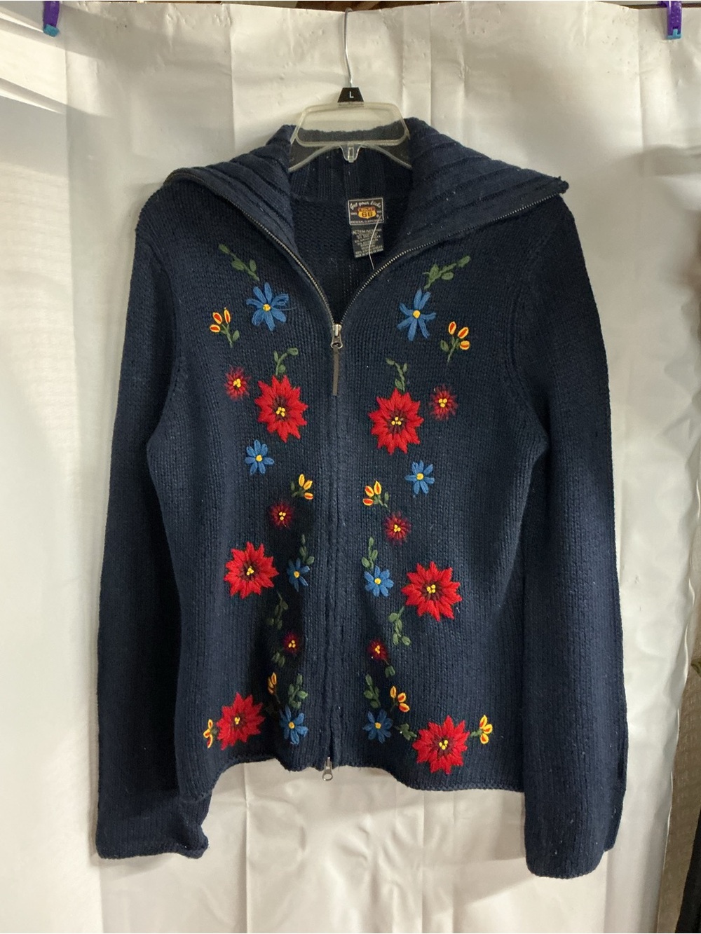 Route 66 Navy Zip Front Cardigan Sweater with Red & Blue Floral Embroidery